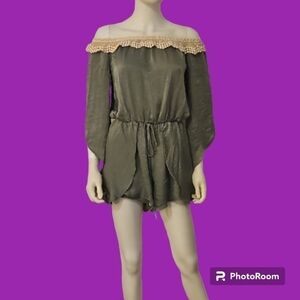 TRAC Sage Satin Crochet Lace Off Shoulder Tie Waist Fairycore Shorts Romper